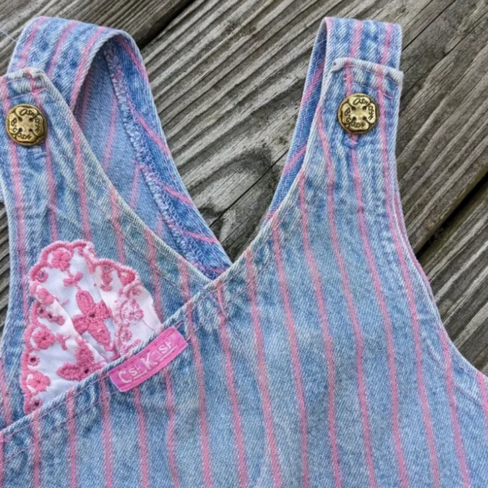 Vintage Oshkosh B'Gosh 6/9 M Vestbak Overalls Striped Denim Blue Pink